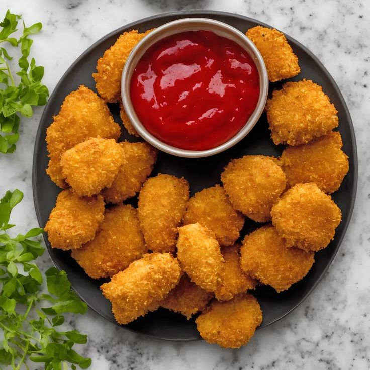 fried food on a plate with ketchup and parsley sprigs next to it