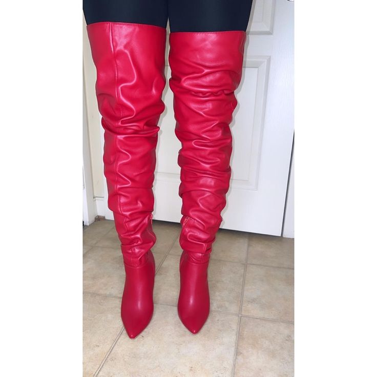 Thigh High Boots 4” Heel Chic Red Leather Knee-high Boots, Trendy Red Knee-high Party Boots, Red Pointed Toe Knee-high Boots For Fall, Trendy Red Knee-high Boots For Party, Chic Red Knee-high Boots, Red Knee-high Heeled Boots For Spring, Spring Red Knee-high Heeled Boots, Red Fitted Faux Leather Heeled Boots, Casual Red Fitted Heeled Boots