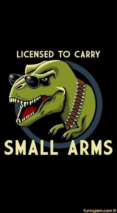 a black background with an image of a green dinosaur and the words, license to carry small arms