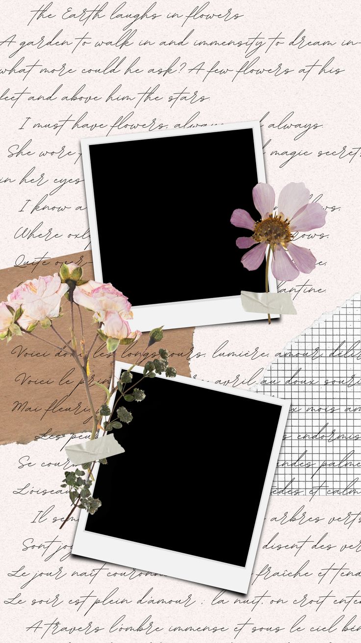 two old photos with flowers on them and some writing in the background, one is empty