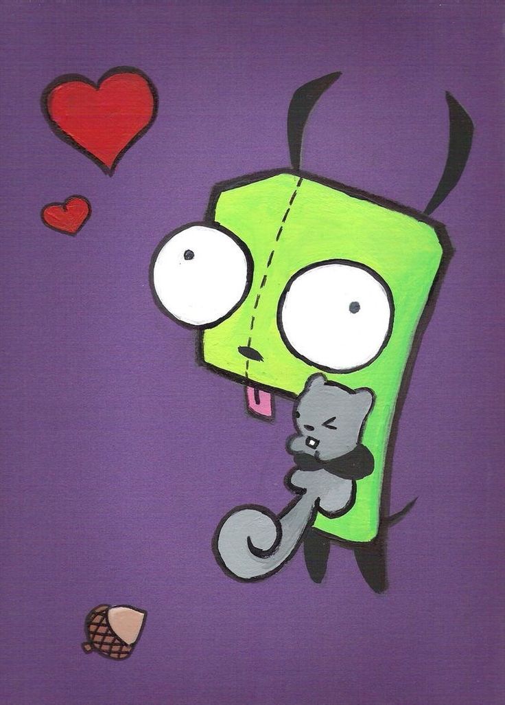 an image of a cartoon character with a cat on it's back and hearts flying around