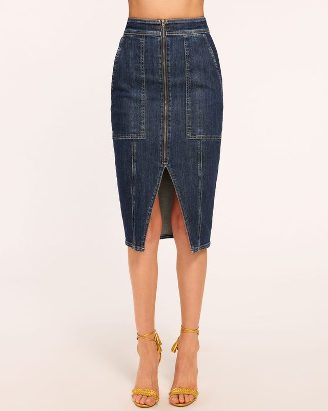 Marietta High-Waisted Denim Skirt in dark wash | Ramy Brook High Waist Dark Wash Denim Skirt, Chic High Waist Denim Blue Skirt, High Waist Denim Pencil Skirt With Pockets, High Rise Fitted Denim Blue Skirt, Chic Dark Wash Denim Skirt, Denim Jeans With Zipper Closure For Work, Workwear Jeans With Zipper Closure, Chic High Rise Denim Blue Denim Skirt, Chic High Rise Denim Skirt In Blue