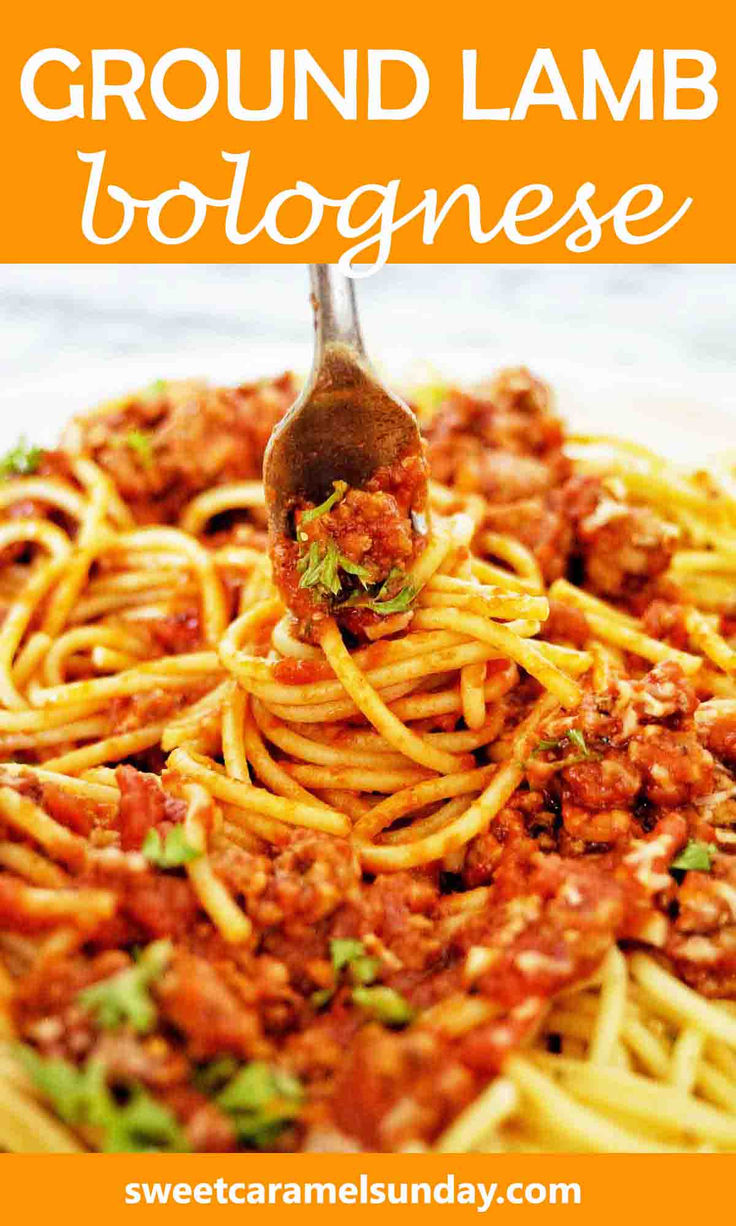 Fork being twirled in plate of spaghetti. There is text written at the top and bottom of the image. Ground Lamb Spaghetti, Lamb Spaghetti, Lamb Bolognese Recipes, Ground Lamb Recipes Easy, Lamb Mince Recipes, Easy Lamb Recipes, Ground Lamb Recipes, Bolognese Recipe, Mince Recipes