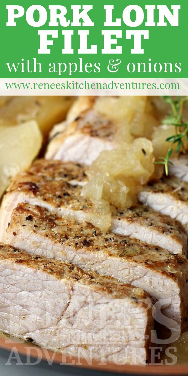 pork loin fillet with apples and onions on a plate, with text overlay