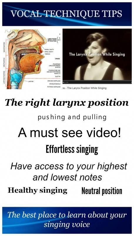 an advertisement for vocal technique tips with the words,'the right larnx position pushing