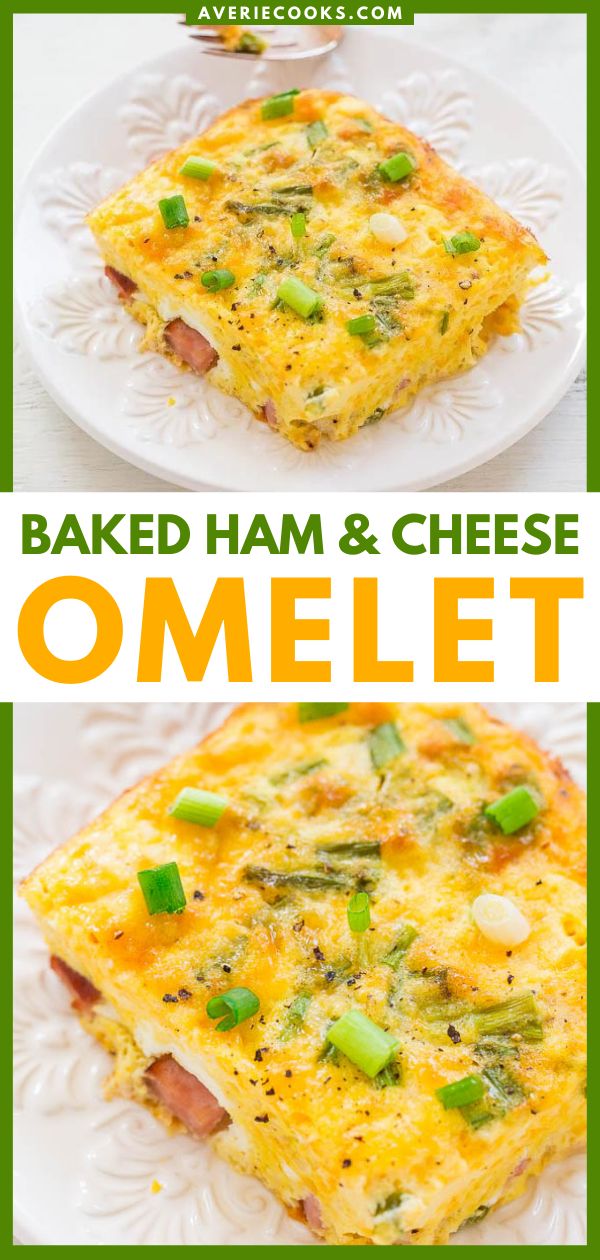 an omelet with ham and cheese on it is shown in two different pictures