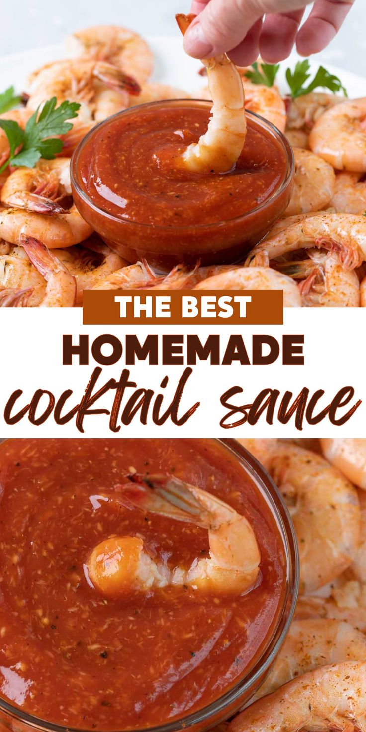 Two images of homemade cocktail sauce with shrimp. Easy Sauce For Shrimp, Red Lobster Cocktail Sauce Recipe, Diy Cocktail Sauce Easy, Shrimp Cocktail Recipe Sauces, How To Make Seafood Sauce, Diy Shrimp Sauce, How To Make Cocktail Sauce, Homemade Shrimp Cocktail Sauce, Homemade Seafood Sauce