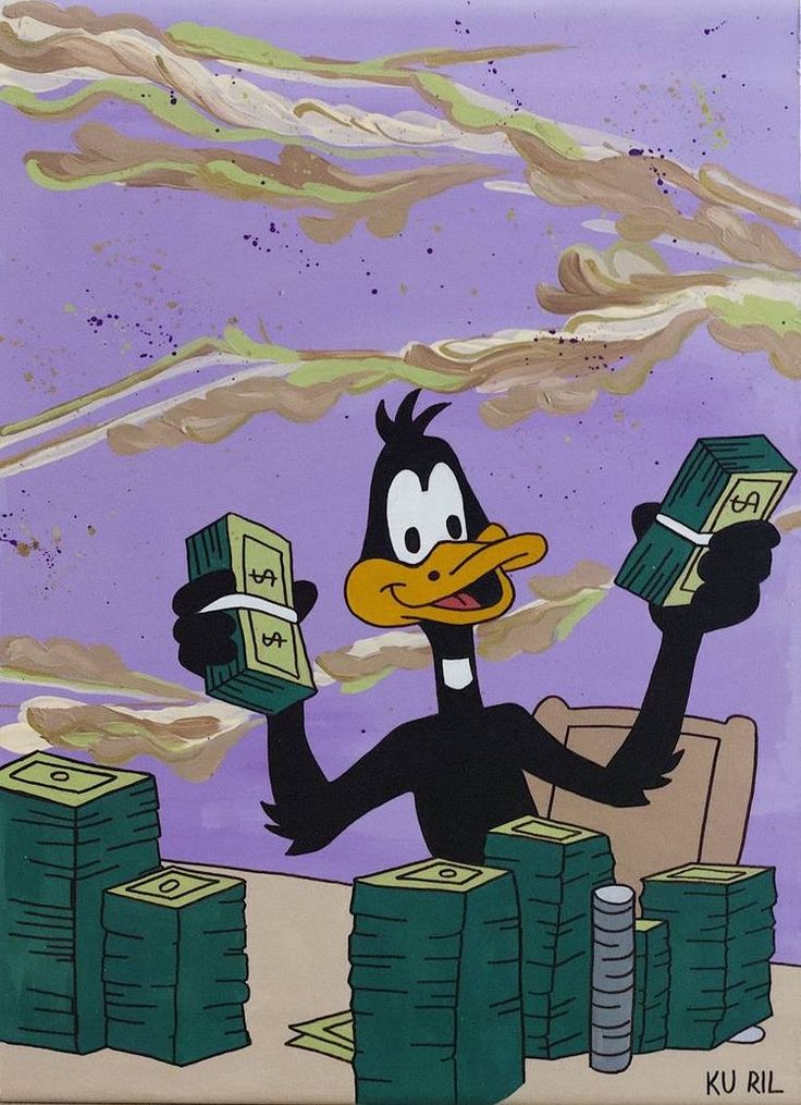 a cartoon duck with stacks of money in front of him and the sky behind him