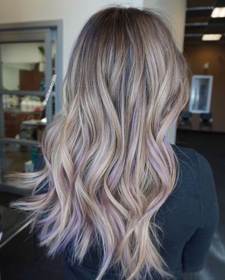 Purple Hair For Pale Skin, Balayage With Purple Highlights, Ash Blonde With Purple Peekaboo, Blonde Hair With Blue And Purple, Subtle Blue Highlights In Blonde Hair, Light Purple Hair Balayage, Light Brown Hair With Blonde And Purple Highlights, Blonde With Peekaboo Color Purple, Blonde Fun Hair Color