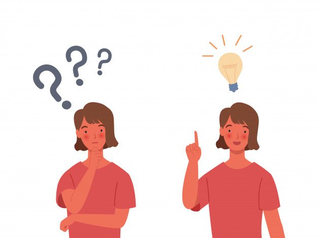 two people with question marks above their heads, one pointing at the lightbulb