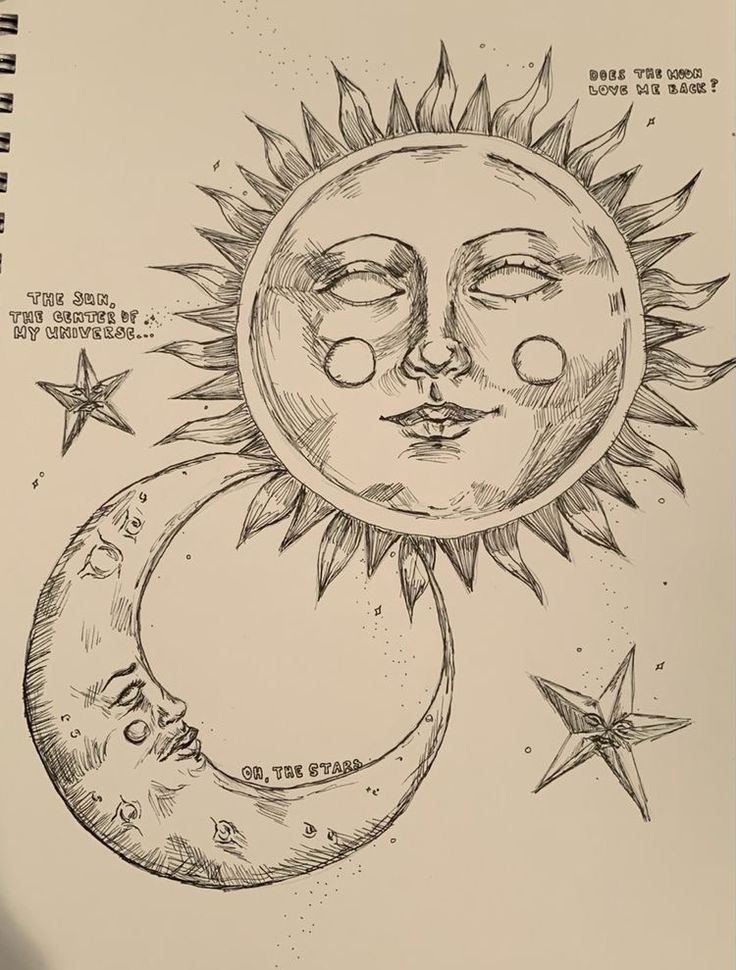 a drawing of the sun and moon with their faces drawn in pencil on paper,