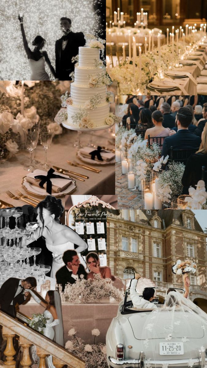 a collage of wedding photos with bride and groom at the top, surrounded by candles