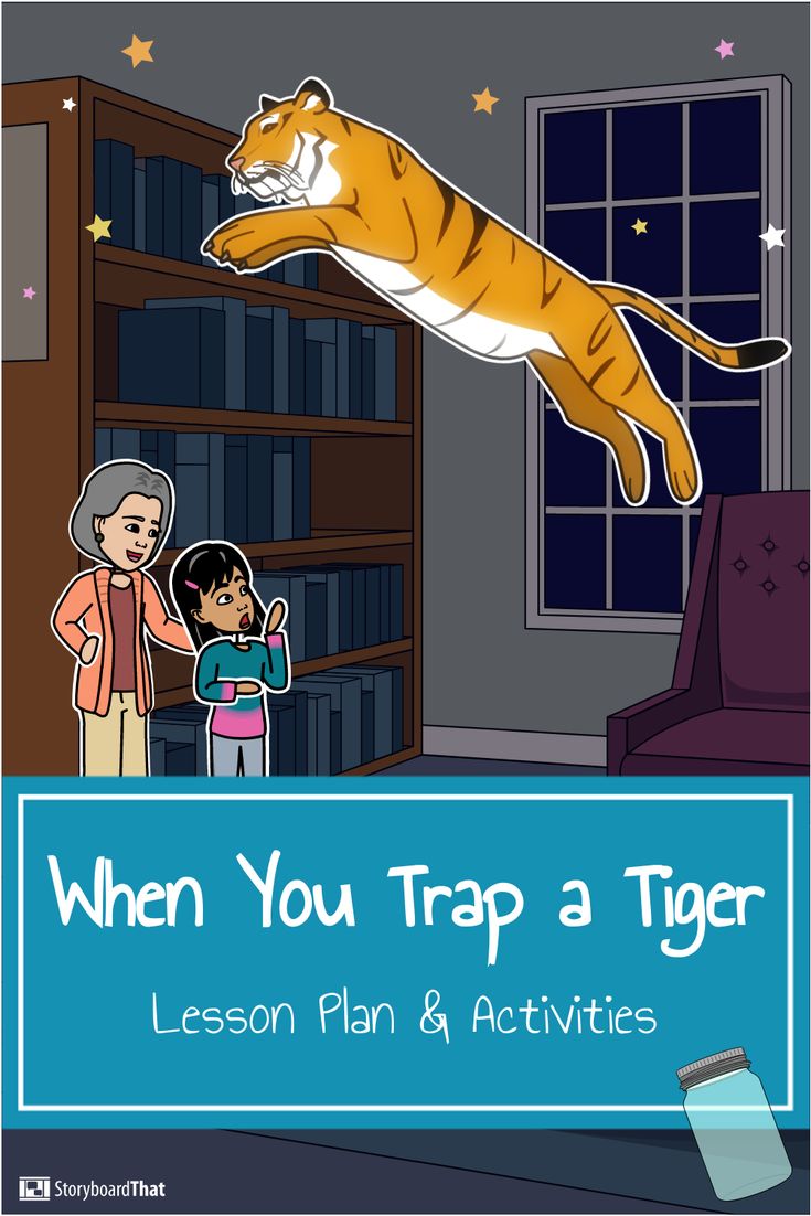 an image of a tiger jumping over a woman and child in front of a bookshelf