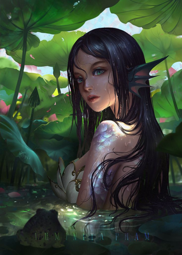 a painting of a woman sitting in the water surrounded by plants and leaves with her eyes closed