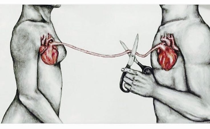 a drawing of two men with scissors cutting the cord attached to each other's heart