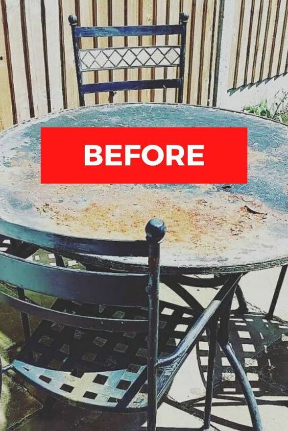 an old table and chairs with the words before painted on it in front of a fence