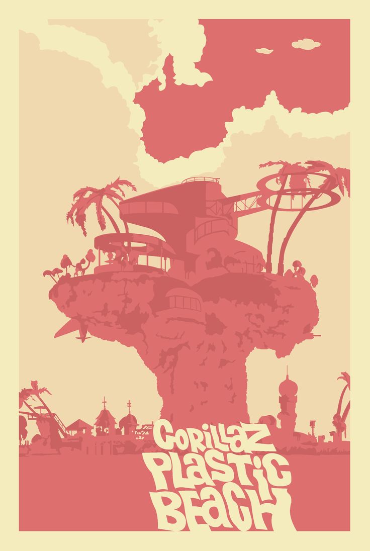 a poster with the words gorillaz plastic beach on it's front and side