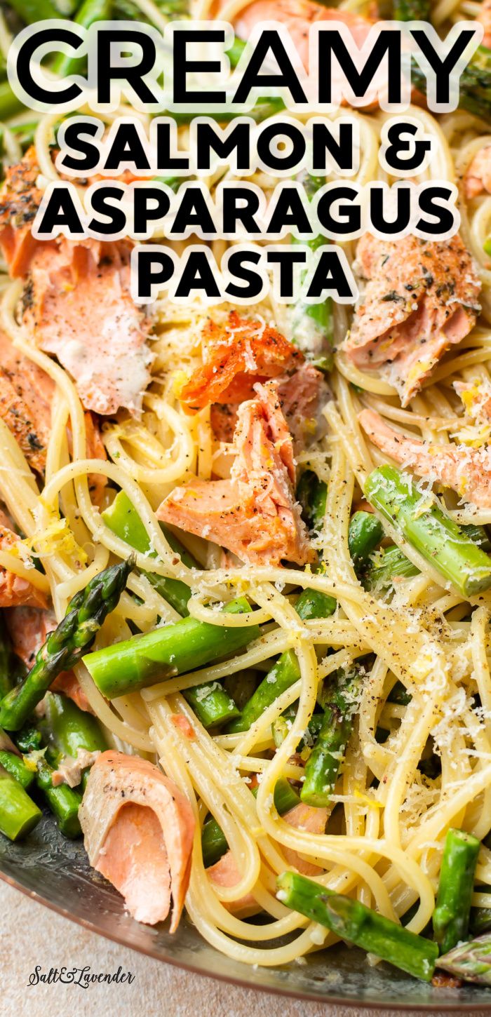 creamy salmon and asparagus pasta with parmesan cheese