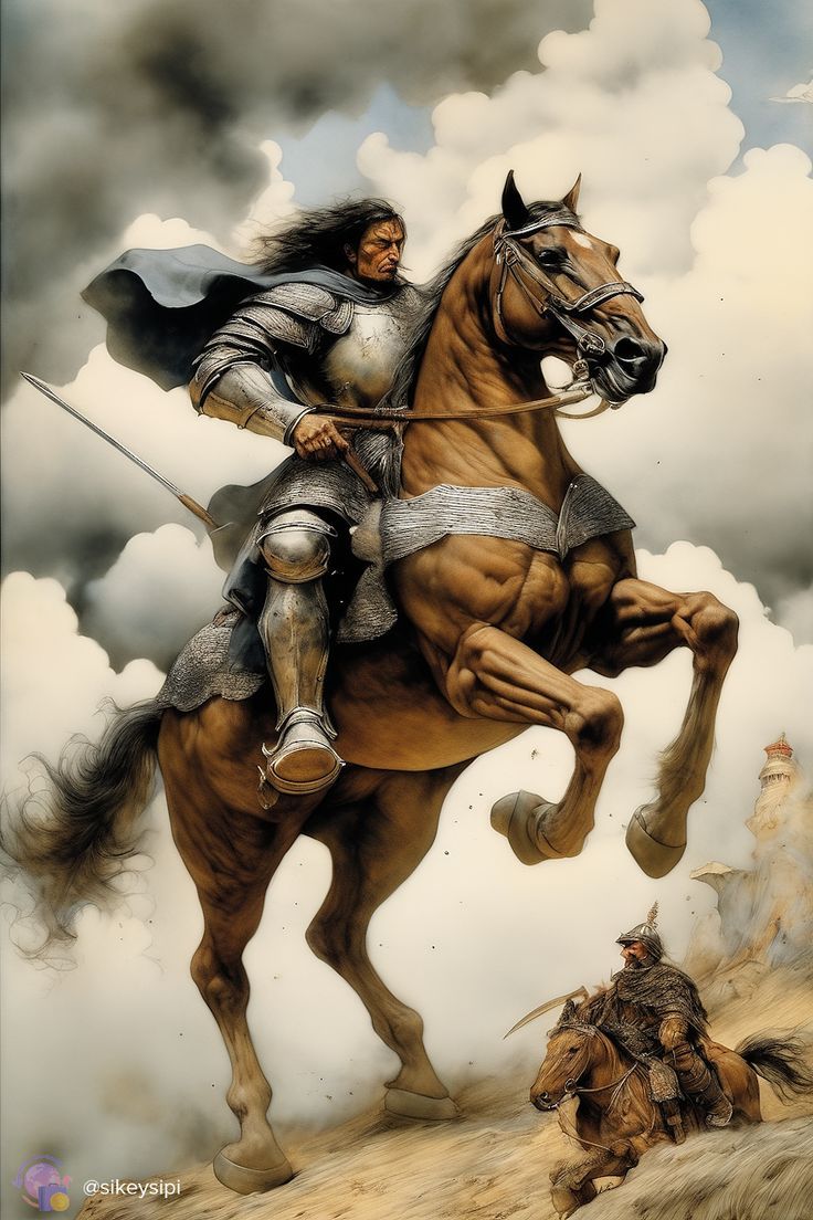 a man riding on the back of a brown horse next to a person in armor