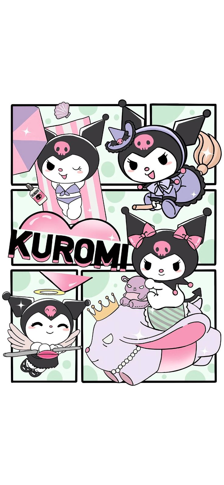 an image of some cartoon characters with different expressions on their faces and body parts, including the words kuromi