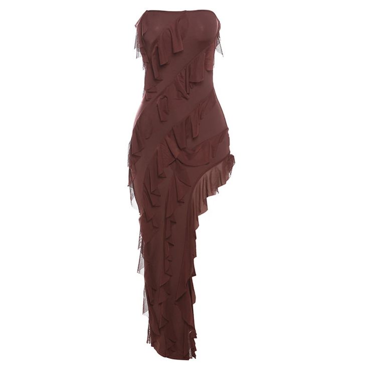 a women's brown dress with ruffles on it