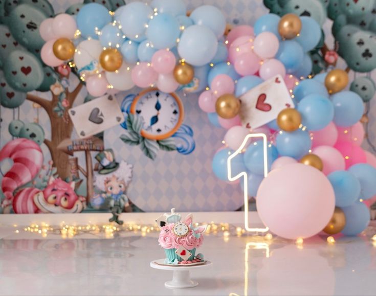 a cake on a plate in front of balloons