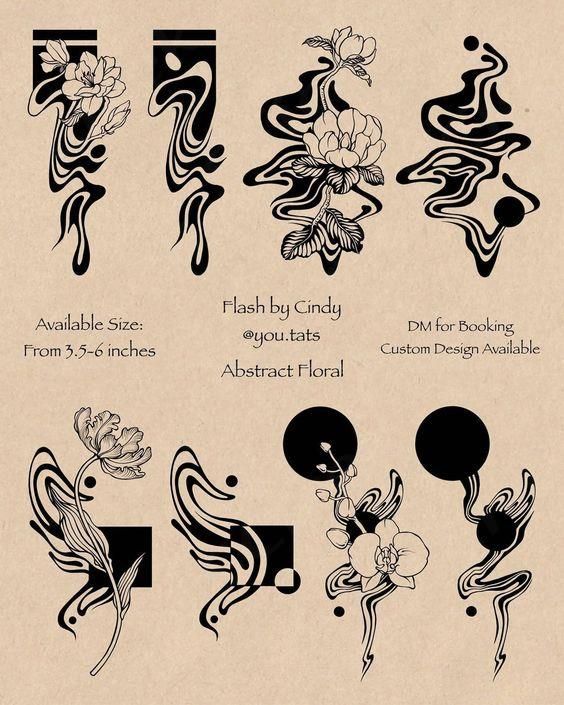 some type of art nouveau tattoo design with flowers and swirls on the sides, in black