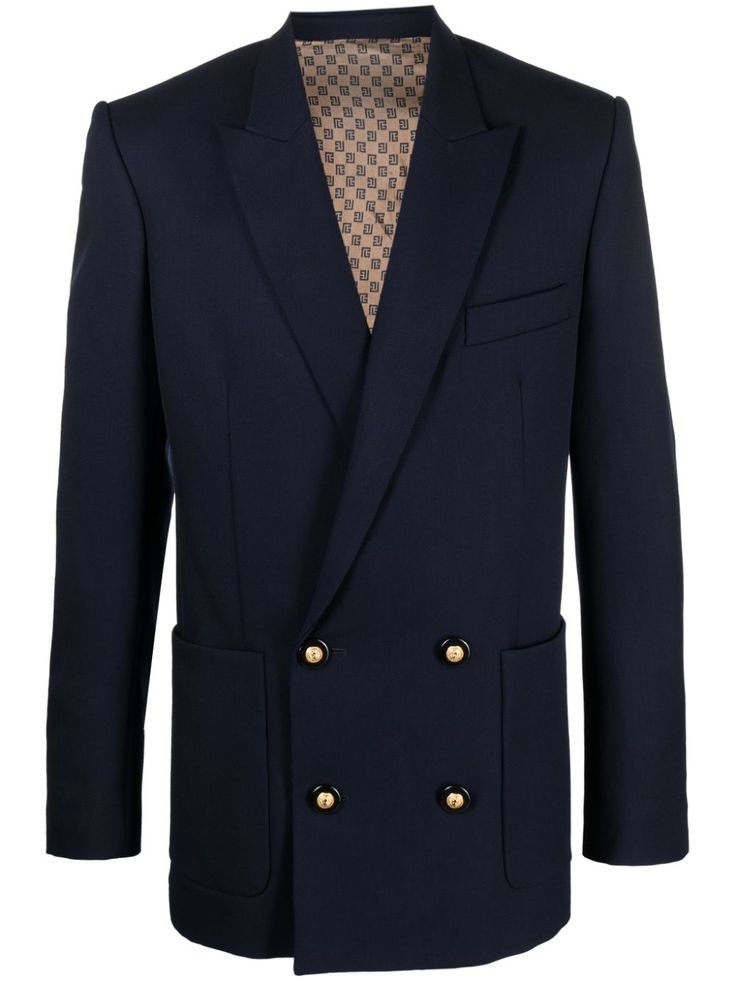 navy blue virgin wool logo-debossed buttons peak lapels double-breasted button fastening long sleeves buttoned cuffs chest welt pocket two front patch pockets straight hem logo-print lining Balmain Blazer, Blazer Blue, Cotton Viscose, Wool Blazer, Welt Pocket, Blazer Jacket, Double Breasted, Navy Blue, Blazer