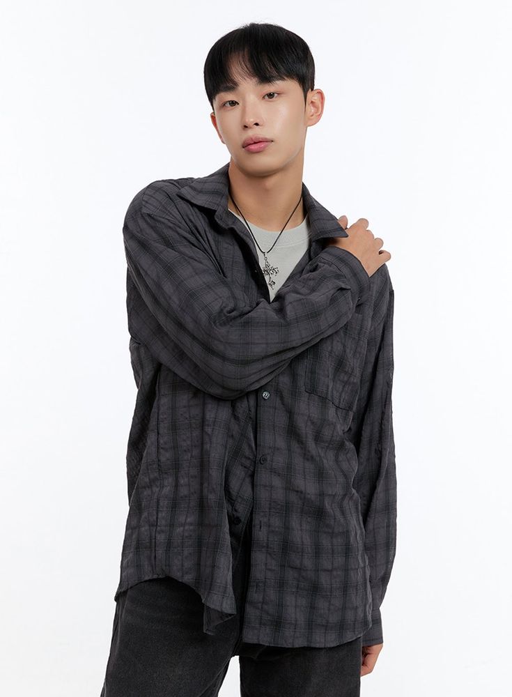 mens-checkered-buttoned-shirt-is412 / Dark gray Gray Casual Shirt For Fall, Casual Gray Shirt For Fall, Black Casual Flannel Shirt With Pockets, Casual Black Flannel Shirt With Pockets, Casual Gray Fall Shirt, Gray Casual Button-up Shirt, Gray Button-up Casual Shirt, Casual Gray Button-up Shirt, Gray Long Sleeve Shirt For Streetwear