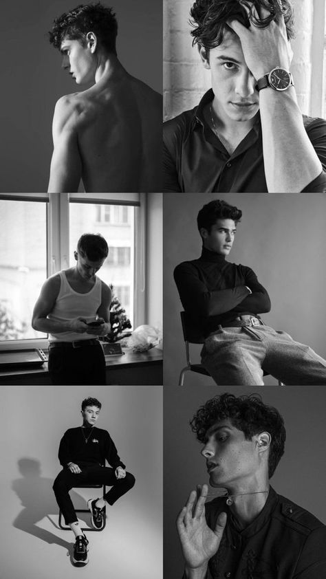 black and white photo collage of men in different poses, with one man looking at the camera