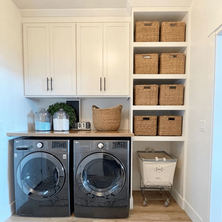 9 Cool Small Laundry Room Design Ideas - Matchness.com Small Laundry Room With Cleaning Closet, Laundry Closet Combo Room Ideas, Family Laundry Organization, Small Kitchen Laundry Ideas, Small Laundry Room With Pantry, Laundry Room Ideas For Front Loaders, Tiny Mudroom Laundry Room Ideas, Small Laundry Room Entry Way, Small Laundry Room With Storage