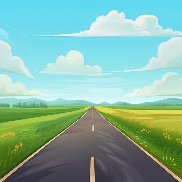 an empty road in the middle of a green field under a blue sky with clouds