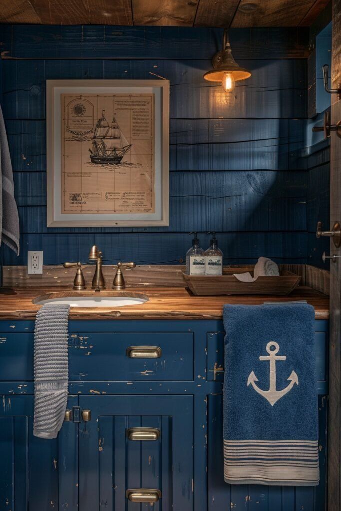 a bathroom with blue cabinets and an anchor towel hanging on the wall next to it