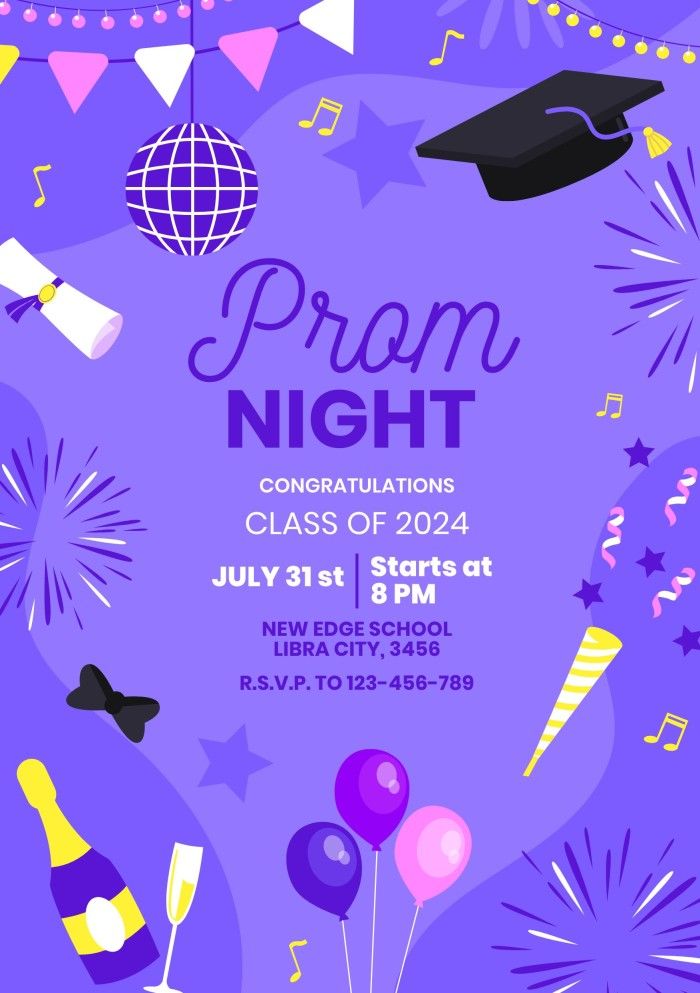 a purple graduation party flyer with balloons and confetti