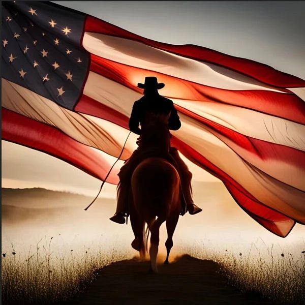 a man riding on the back of a horse holding an american flag in front of him