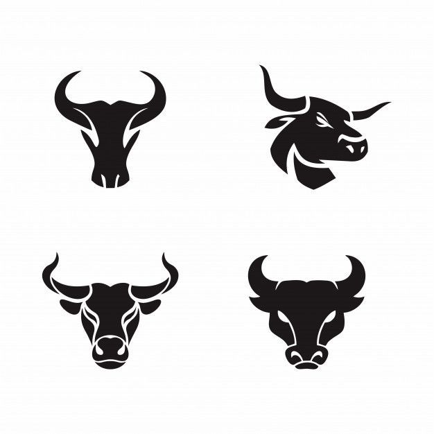 four bull's heads are shown in black and white, each with long horns