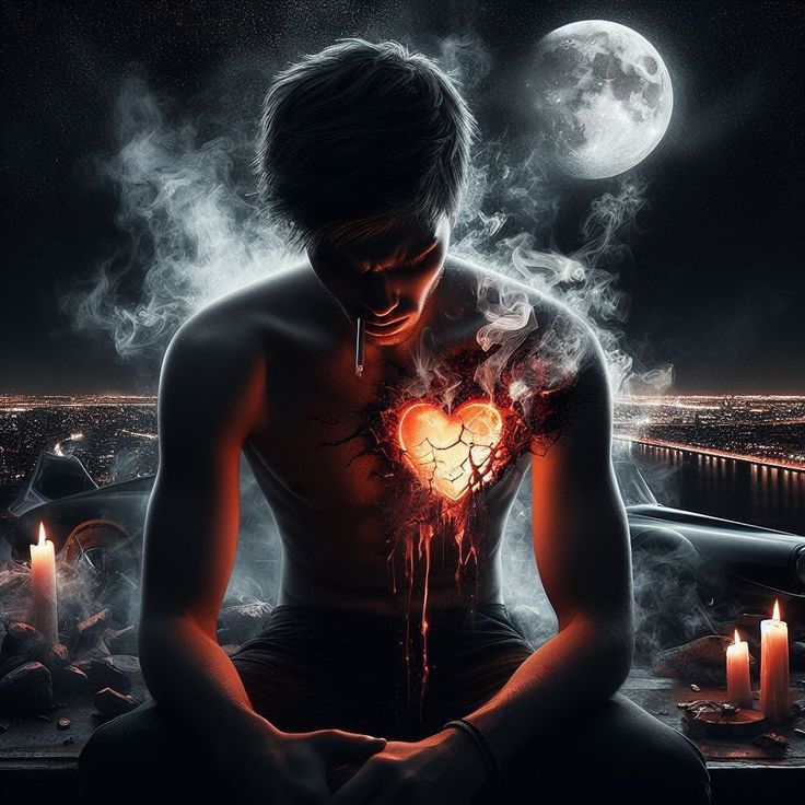 a man sitting in front of a window with his hands on his chest, holding a lit heart