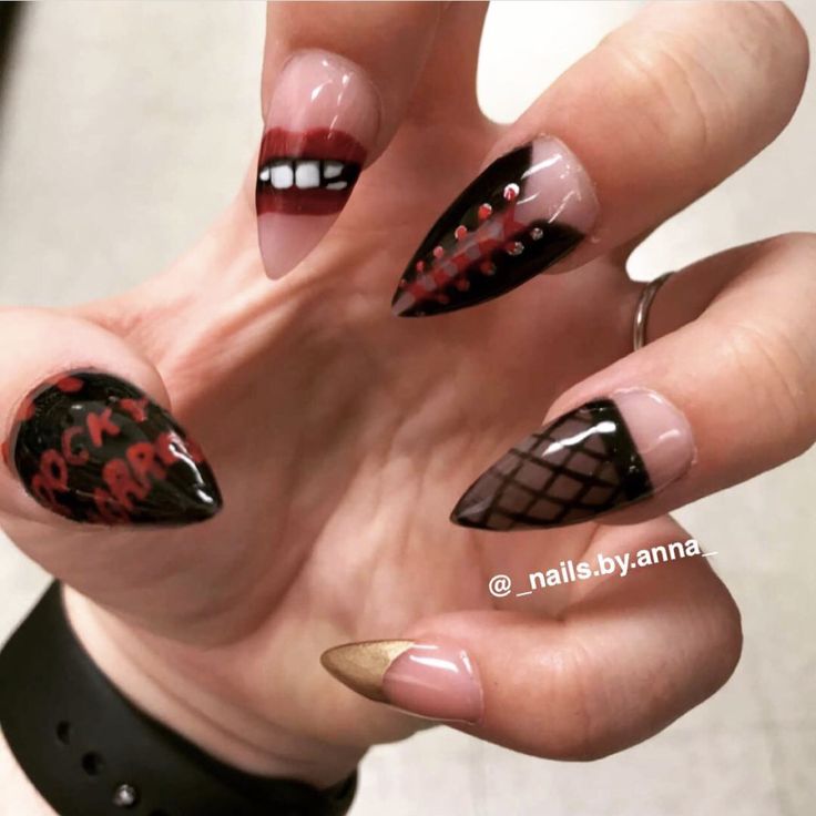 Rocky Horror Nails Art, Rocky Horror Picture Show Nails, Rocky Horror Nails, Fishnet Nails, Corset Nails, Horror Nails, Witchy Nails, Rocky Horror Picture Show, Rocky Horror Picture