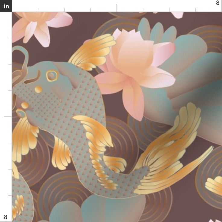 an image of a flower and fish on a brown background with gold foiling in the center