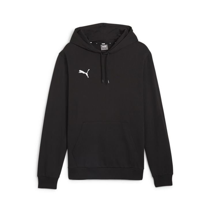 PUMA Team Goal Casual Hoodie. Comfortable team wear from PUMA. PUMA Cat logo embroidered on the right chest. Hood with drawcord. Front kangaroo pocket. Elastic cuff and hems. Cotton/polyester. dryCELL sweat control. Regular fit. Functional Cotton Sweatshirt For Sports Season, Casual Sports Sweatshirt With Embroidered Logo, Black Fleece Hoodie For Sports Events, Black Team Spirit Hooded Sweatshirt, Black Sports Hoodie With Team Spirit, Black Sports Team Spirit Hoodie, Black Team Spirit Sports Hoodie, Black Team Spirit Hoodie For Sports, Black Team Spirit Hoodie For Winter