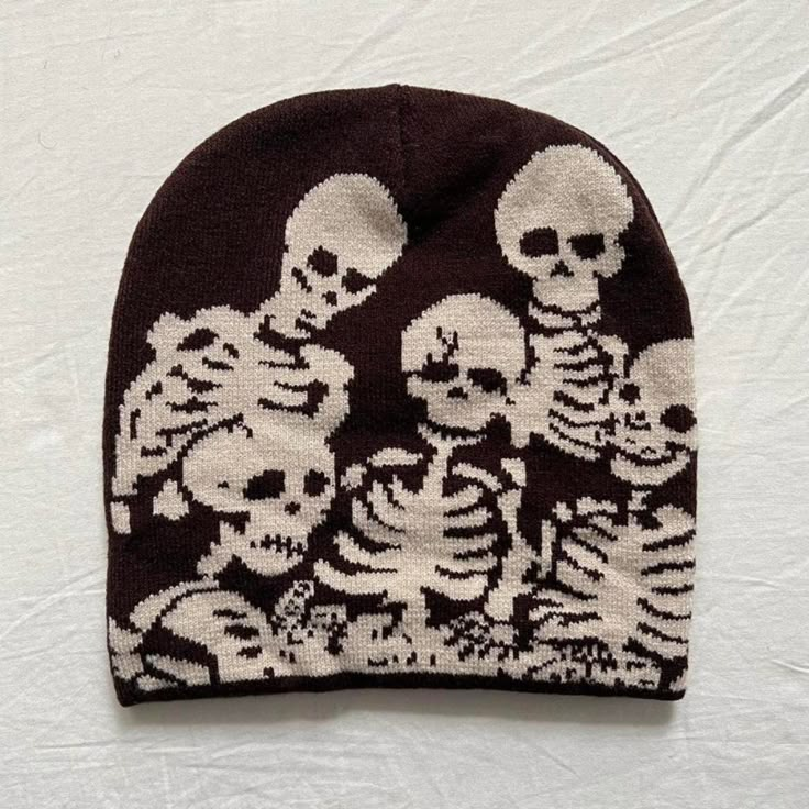 Y2k 2000s Grunge Brown And Cream Skeleton Skull Crew Beanie These Beanies Are Unisex! 100% Acrylic Super Soft And Cozy Brand New Thrift Accessories, Trendy Beanies, Grunge Hats, Beanie Ideas, Grunge Beanie, Unique Beanies, Y2k Beanie, Skeleton Clothes, Beanie Design