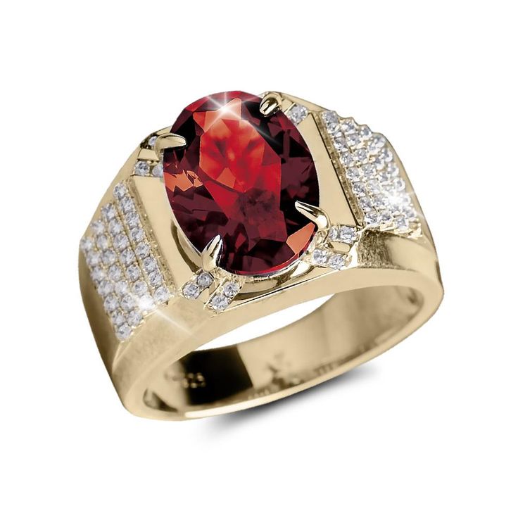 There is no arguing this is a powerful ring set with an impressive count of gems. We don't even want to think what the 6 carat deep red Diamondeau® - the Supreme Diamond Alternative center stone would cost on its own if we had sourced a natural mined gemstone. For sure it would take time to count the zeros on the price tag. A substantial sterling silver setting finished in yellow gold is accented with 74 Diamondeau®, the final touch of luxury that you will be sure to love. Promise Jewelry, Garnet Ring Silver, Mens Gemstone Rings, Red Ring, Red Rings, Signet Ring Men, Mens Anniversary Gifts, Mens Gold, Garnet Gemstone