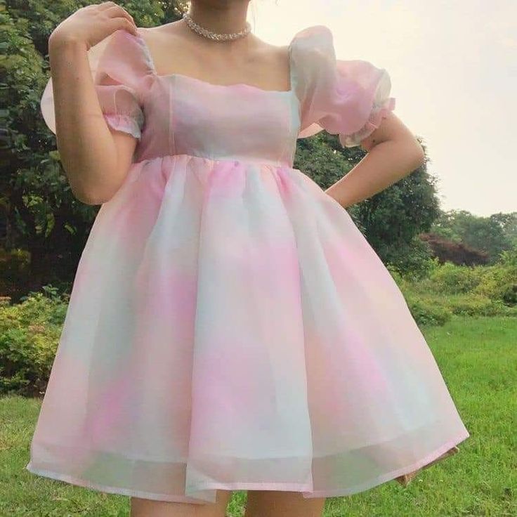 Cute Pink Dress Girly, Pink Puff Dress, Puffy Gown, Puffy Pink Dress, Fe Clothing, Pastel Dress, Puff Dress, Dress Doll, Pink Tie