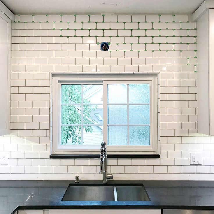 a kitchen sink under a window with green sprouts on the wall