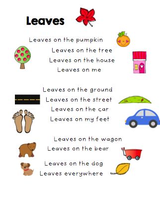 a poster with words and pictures about leaves on the tree, leaves on the house, leaves on the ground, leaves on the street, leaves on the car leaves on my feet