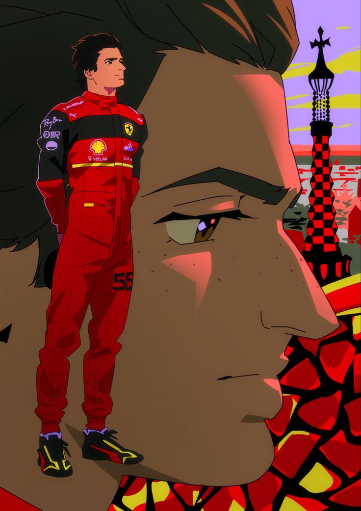 a digital painting of a man standing next to a red and yellow background with the image of a racing driver