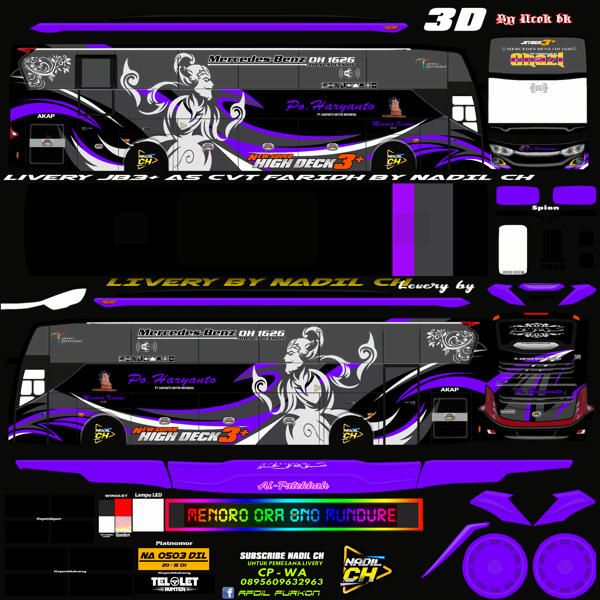 the front and back sides of a car with purple graphics on it's side