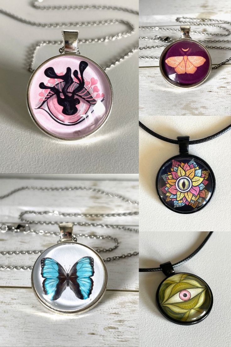 Collage of 5 cabochon necklaces with weird eyes and butterflies Cabochon Necklace Diy, Cabochon Tutorial, Cabochon Pendants, Glass Cabochon Jewelry, Diy Pendants, Decoupage Glue, Cabochon Necklace, Diy Pendant Necklace, Diy Resin Crafts