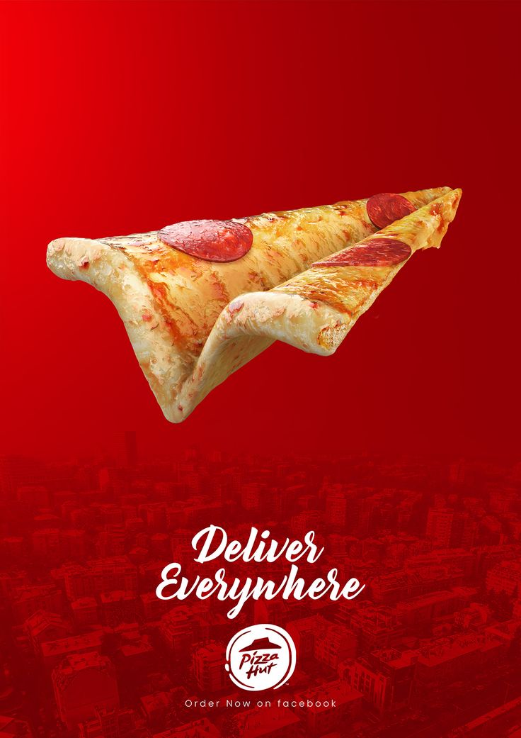 two slices of pizza flying in the air over a red background with words deliverer everywhere