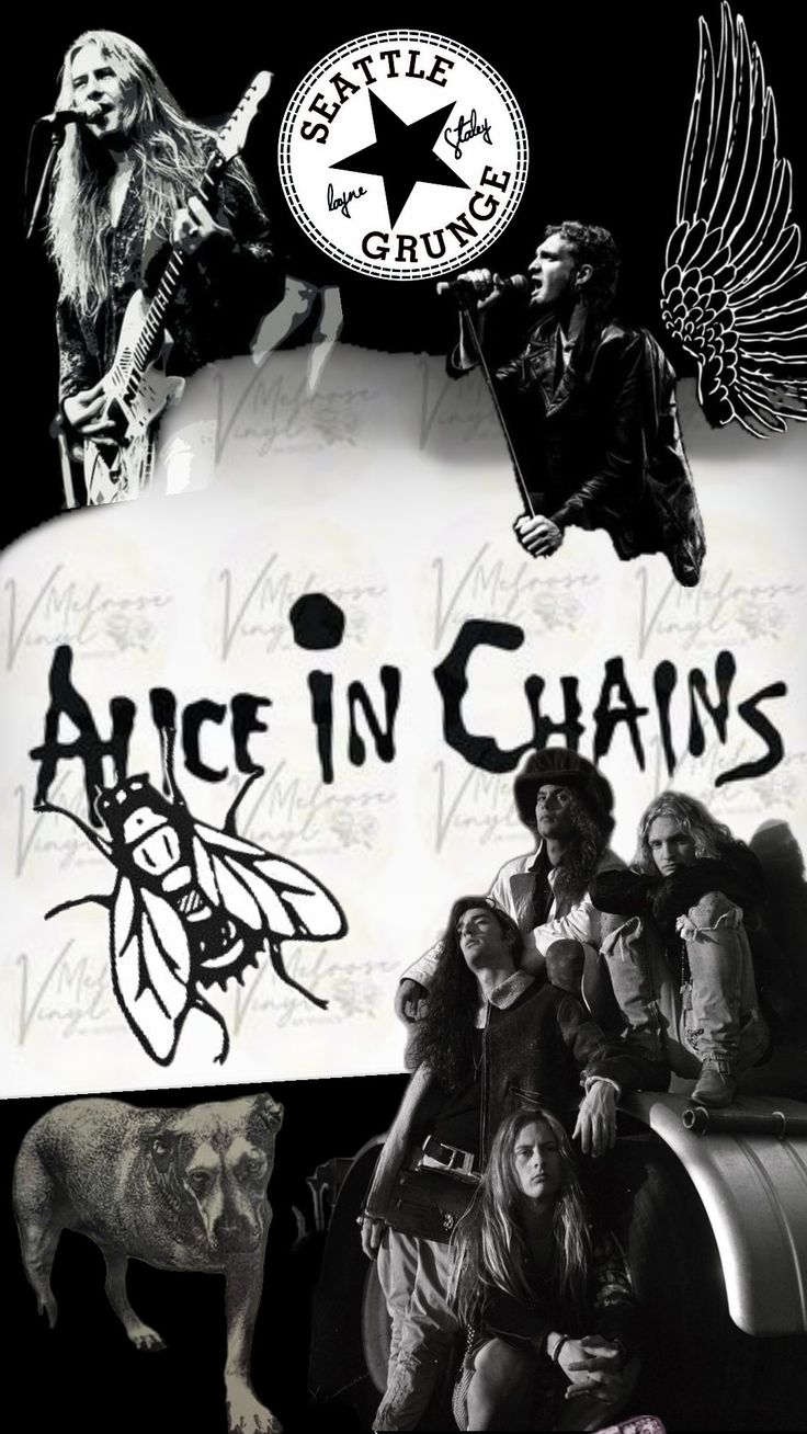 black and white collage with the words'alice in chains'written on it